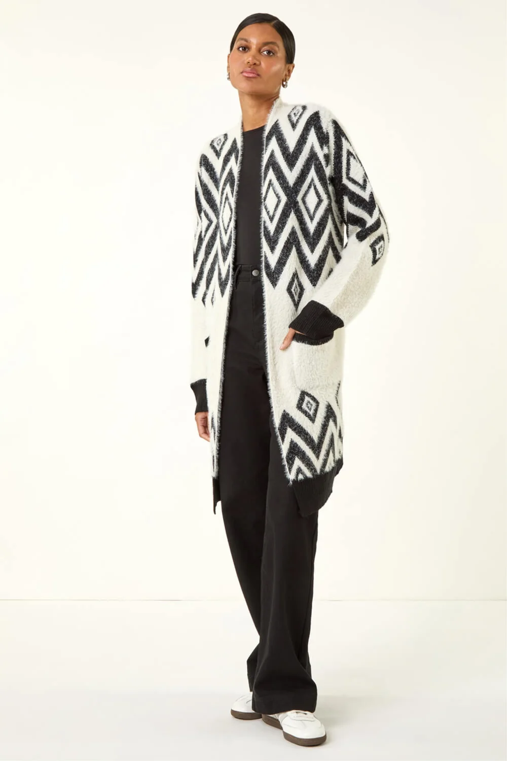 Roman Black Argyle Longline Knit Cardigan - One Size Image 2