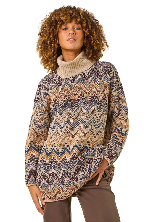 Roman Multi Jacquard Pattern Turtle Neck Knit Jumper - Size 10 Image 1