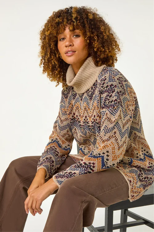 Roman Multi Jacquard Pattern Turtle Neck Knit Jumper - Size 10 Image 3