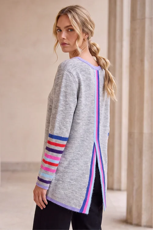 Roman Light Grey Contrast Stripe Detail Knit Jumper - 20 Image 2