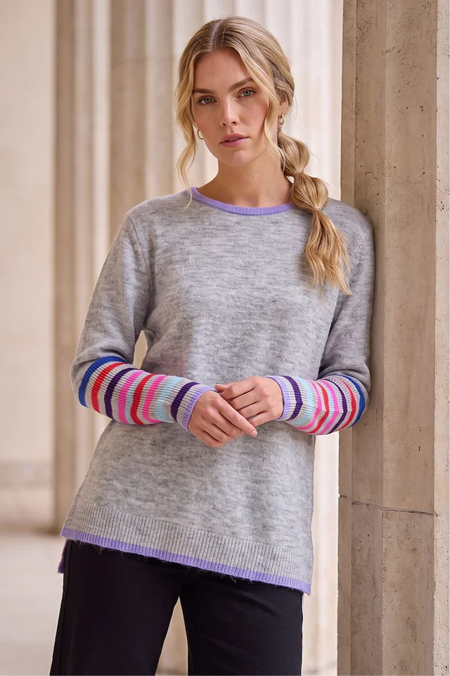 Roman Light Grey Contrast Stripe Detail Knit Jumper