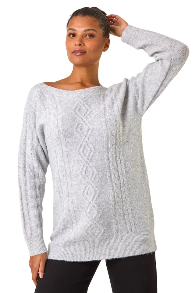 Roman Grey Sequin Cable Knit Jumper