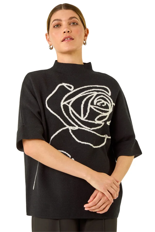 Roman Black Rose Motif High Neck Knit Jumper