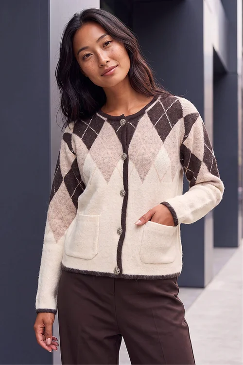 Roman Natural Petite Buttoned Argyle Knit Cardigan - 18 Image 2