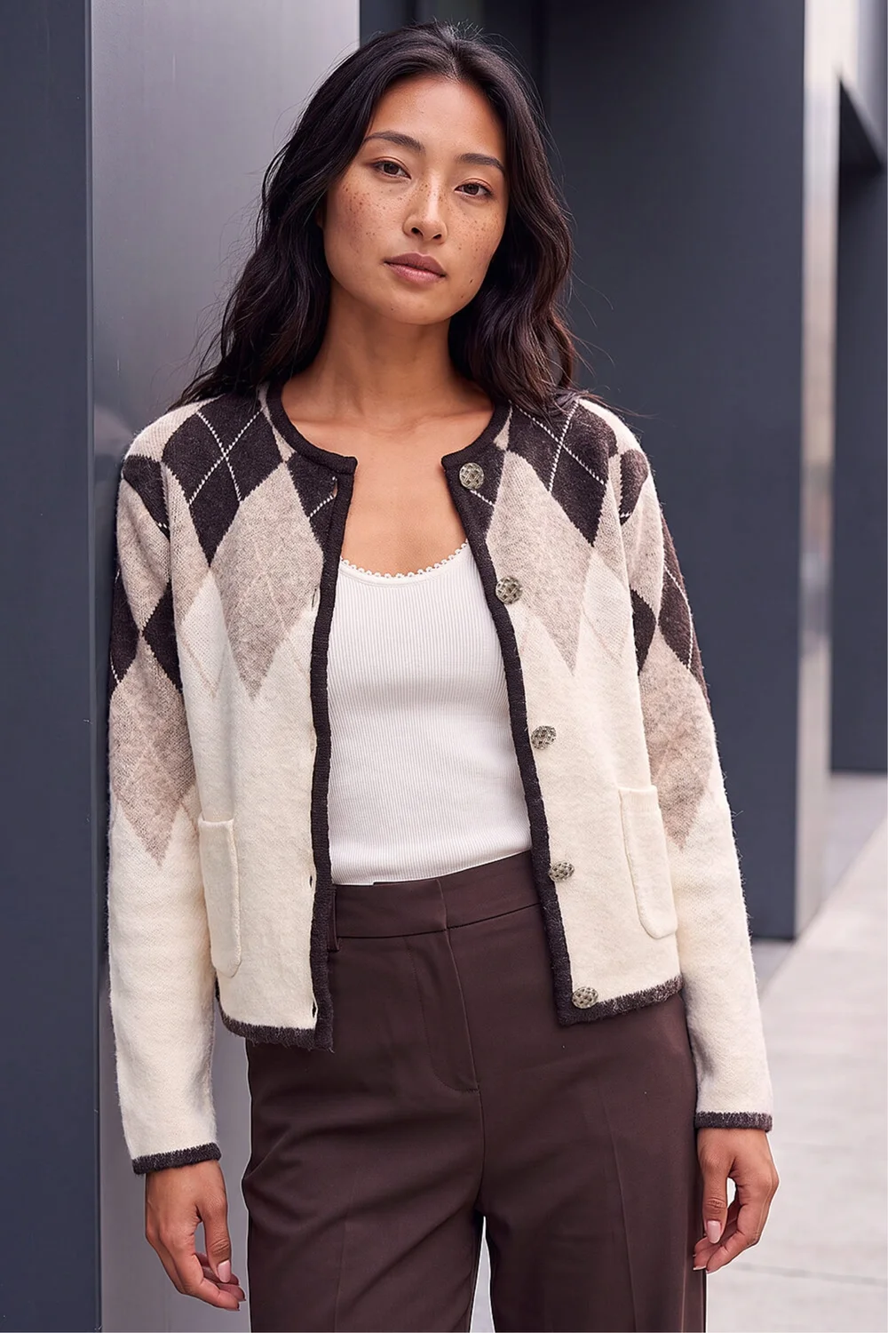 Roman Natural Petite Buttoned Argyle Knit Cardigan - 18 Image 1
