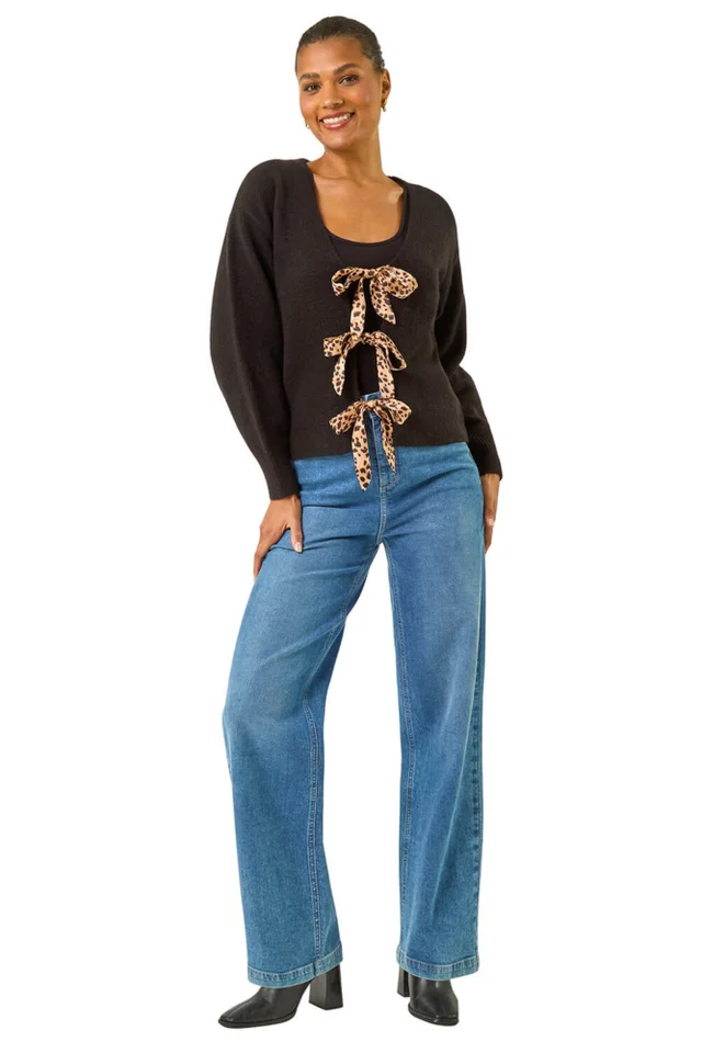 Roman Black Animal Tie Front Knit Cardigan