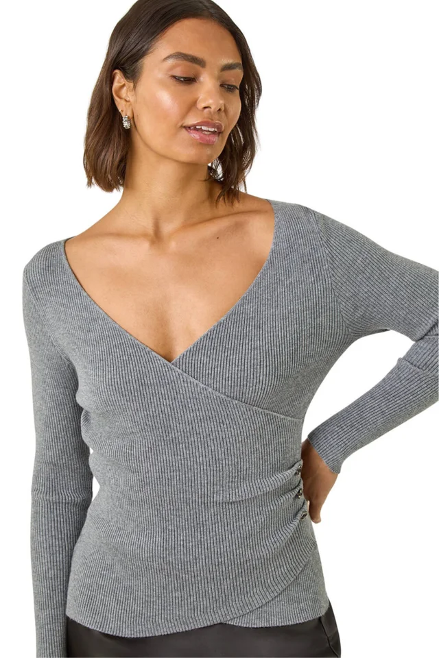 Roman Grey Wrap Button Detail Knit Jumper