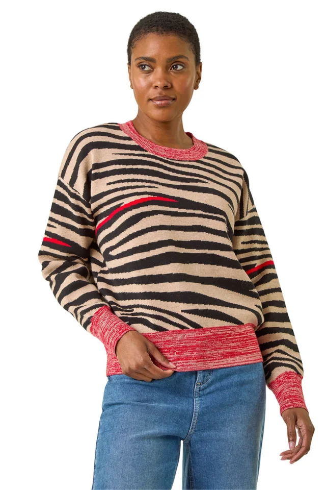 Roman Black Contrast Animal Print Knit Jumper