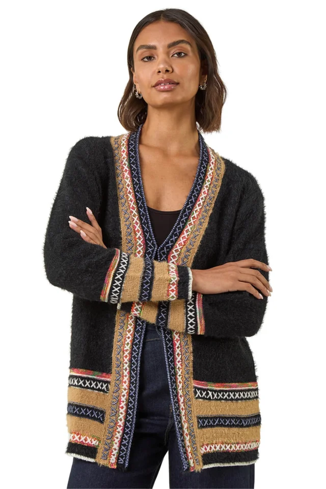 Roman Black Cross Stitch Detail Knit Cardigan