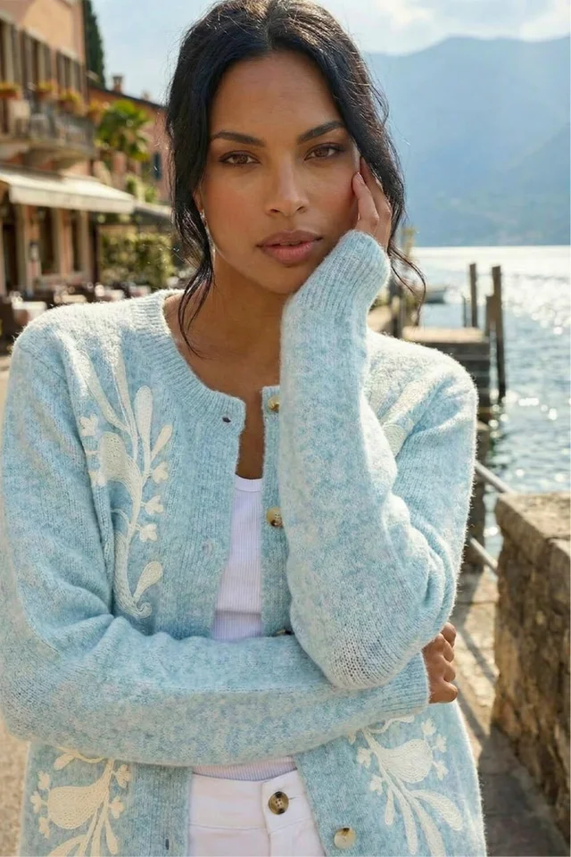 Roman Light Blue Floral Buttoned Knit Cardigan