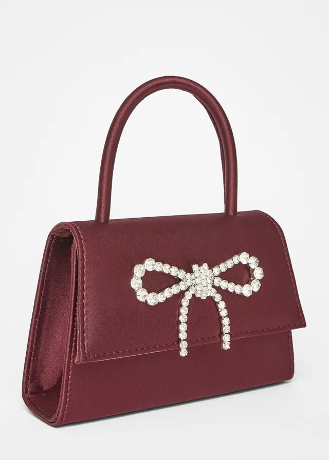 Quiz Burgundy Diamante Bow Top Handle Bag