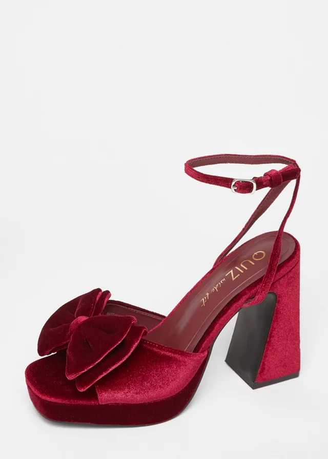 Quiz Burgundy Wide Fit Bow Platform Heels