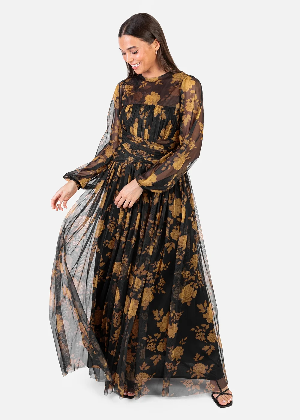 Anaya With Love Recycled Black Floral Long Sleeve & Gathered Waist Maxi Dress - 20 Image 1