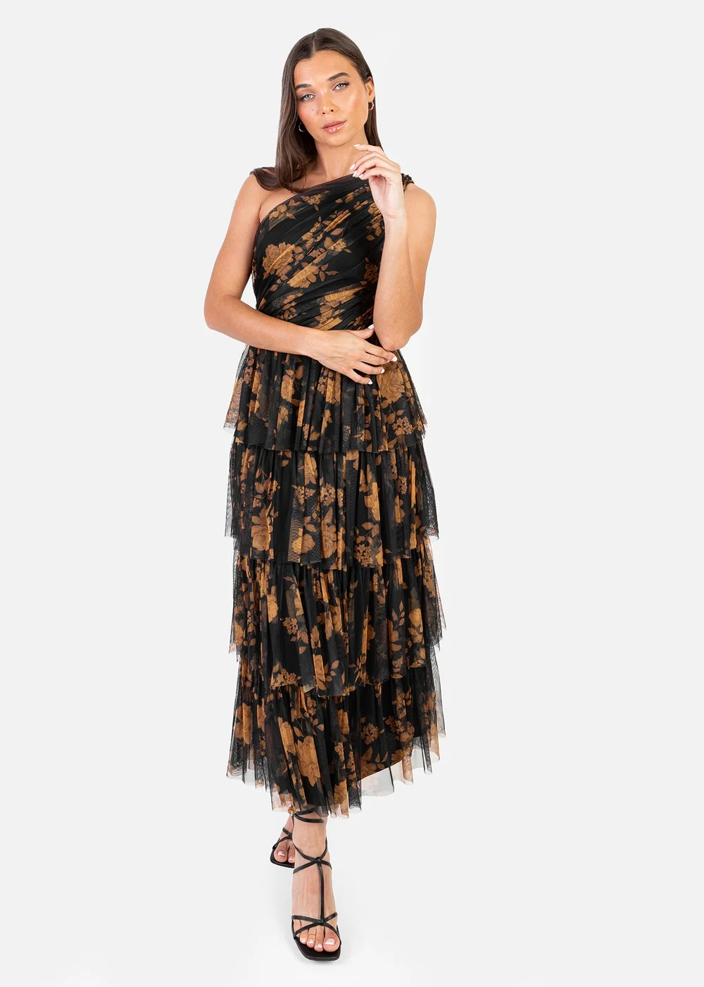 Anaya With Love Recycled Black Floral One Shoulder Tiered Midi Dress - 24 Image 1