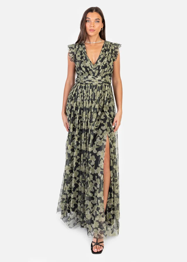 Anaya With Love Recycled Black Floral Flutter Sleeve V Neck Maxi Dress