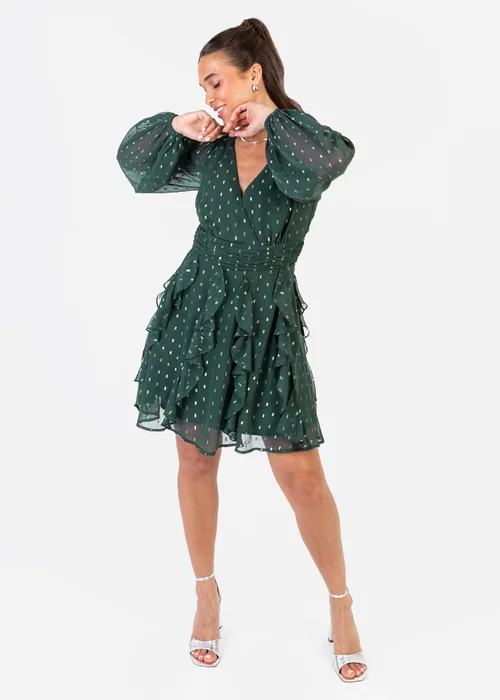 Anaya With Love Foil Chiffon Dark Green Long Sleeve Ruffle Mini Dress - 20 Image 1