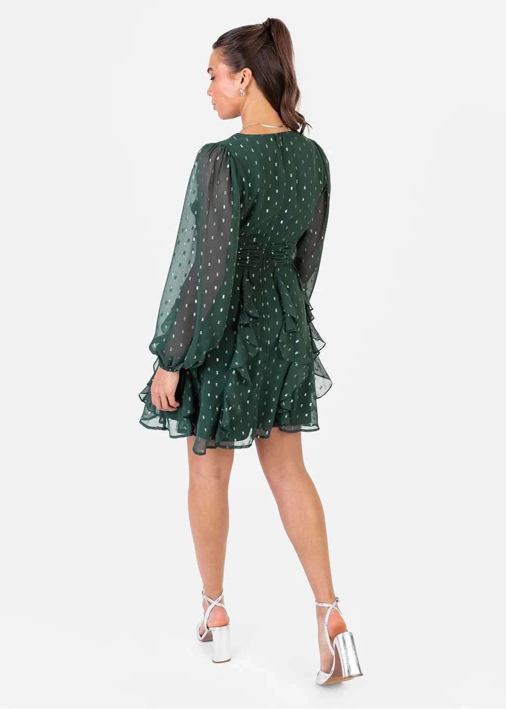 Anaya With Love Foil Chiffon Dark Green Long Sleeve Ruffle Mini Dress - 20 Image 2