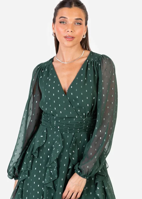 Anaya With Love Foil Chiffon Dark Green Long Sleeve Ruffle Mini Dress - 20 Image 3