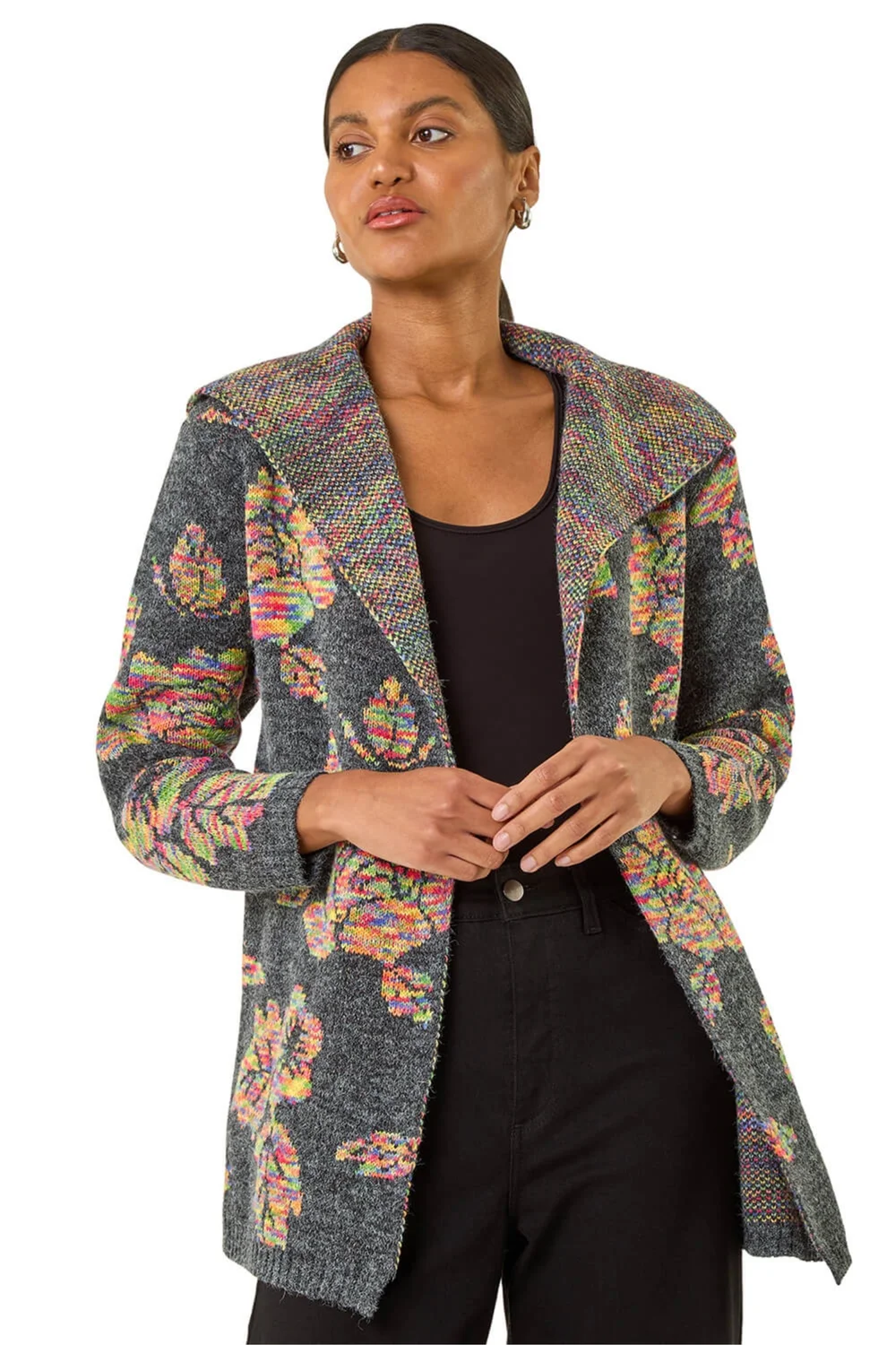 Roman Dark Grey Floral Jacquard Knit Cardigan - Size 12 Image 1