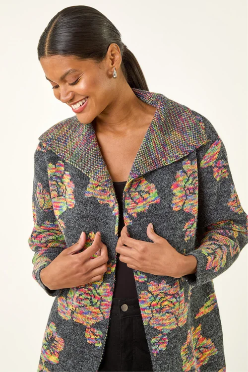 Roman Dark Grey Floral Jacquard Knit Cardigan - Size 12 Image 3