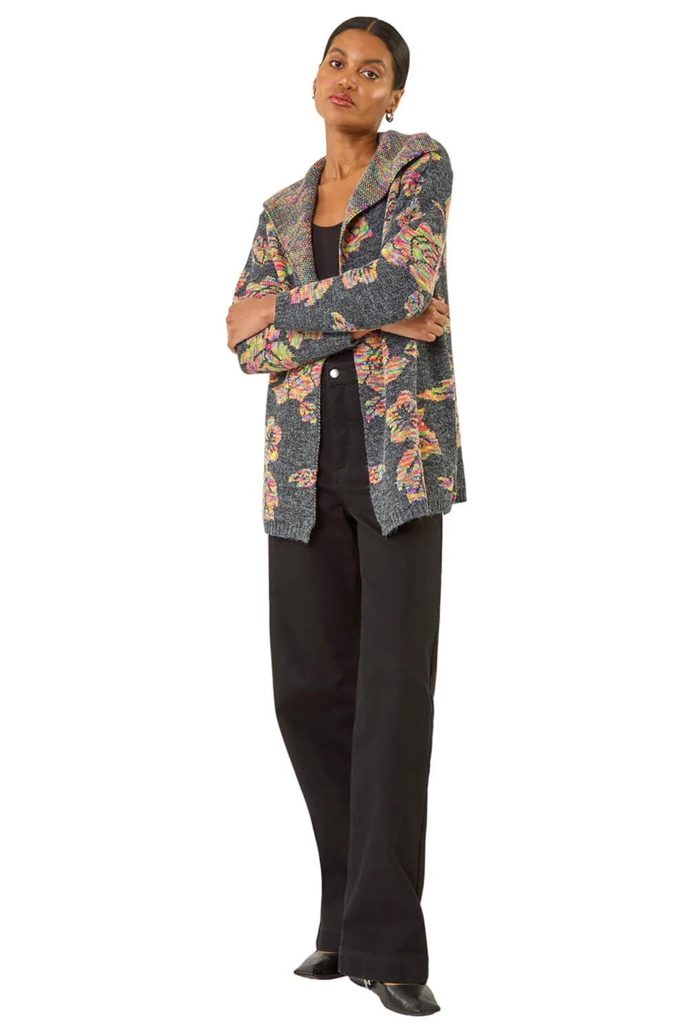 Roman Dark Grey Floral Jacquard Knit Cardigan - Size 12 Image 2