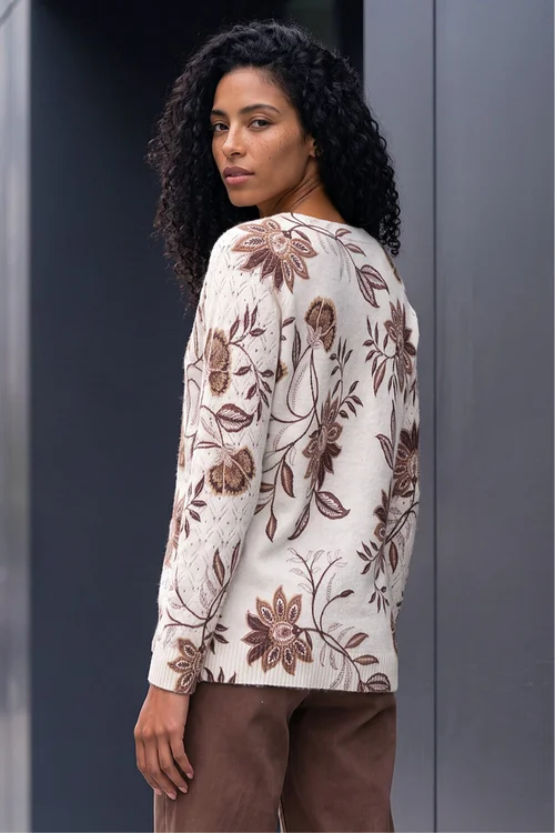Roman Ivory Floral Print V-Neck Knit Jumper - 18 Image 2