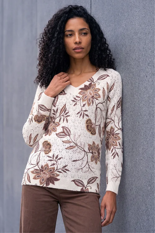 Roman Ivory Floral Print V-Neck Knit Jumper - 18 Image 1