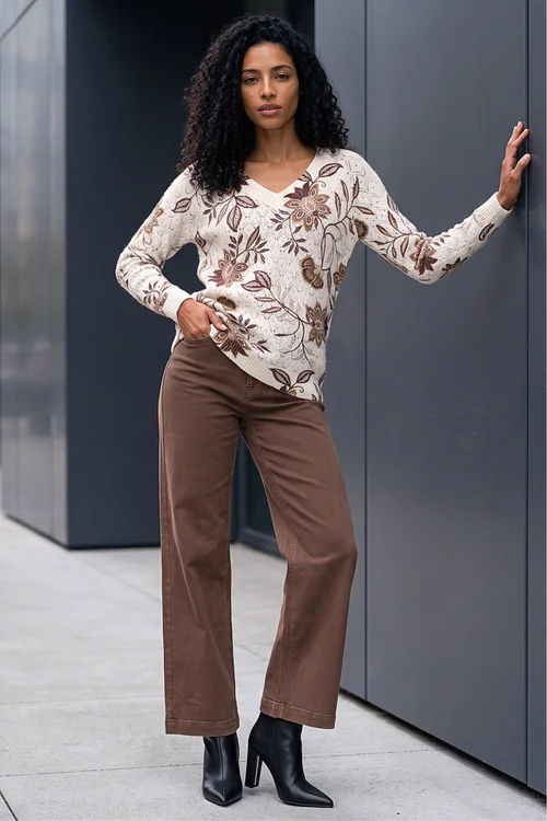 Roman Ivory Floral Print V-Neck Knit Jumper - 18 Image 3