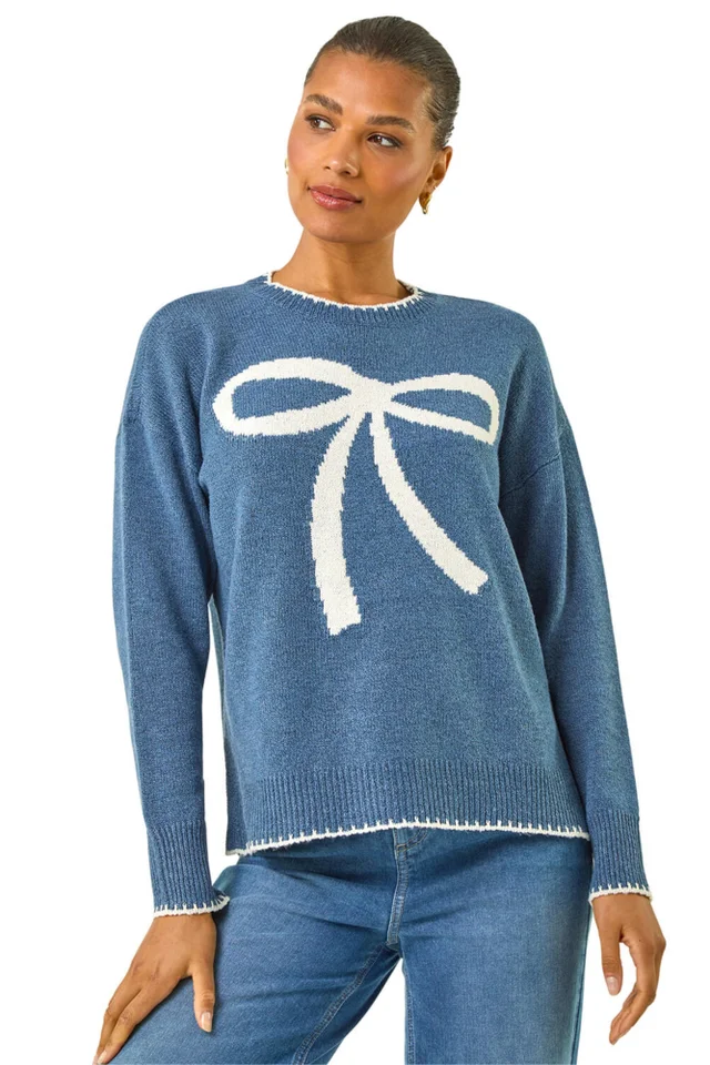 Roman Blue Contrast Stitch Bow Knit Jumper