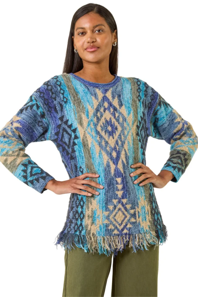 Roman Blue Jacquard Tassel Trim Knit Jumper