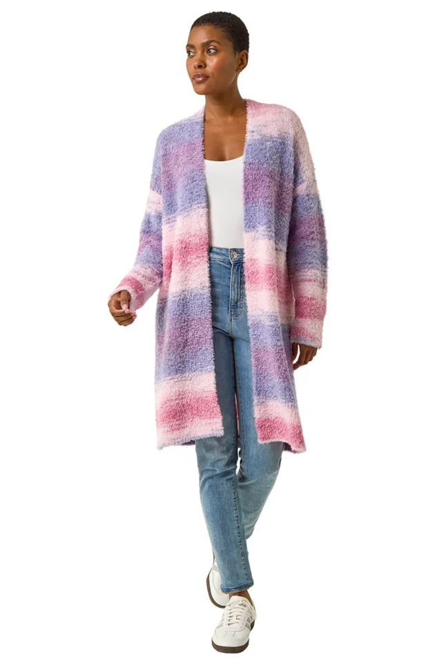 Roman Pink Fluffy Stripe Longline Cardigan