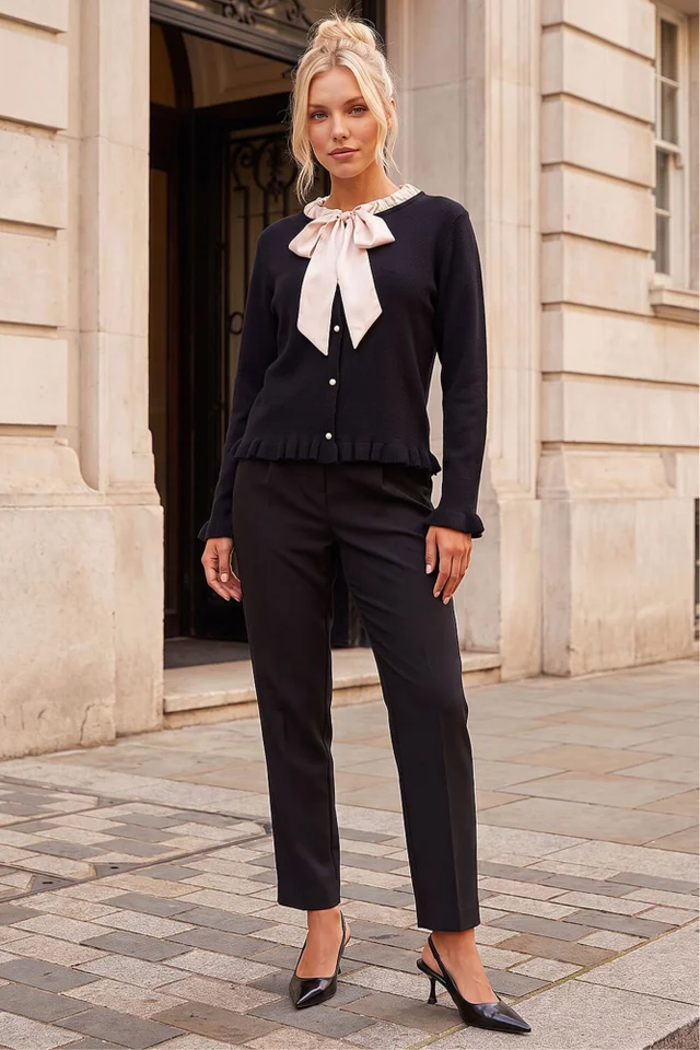Roman Black Petite Tie Neck Frill Hem Cardigan