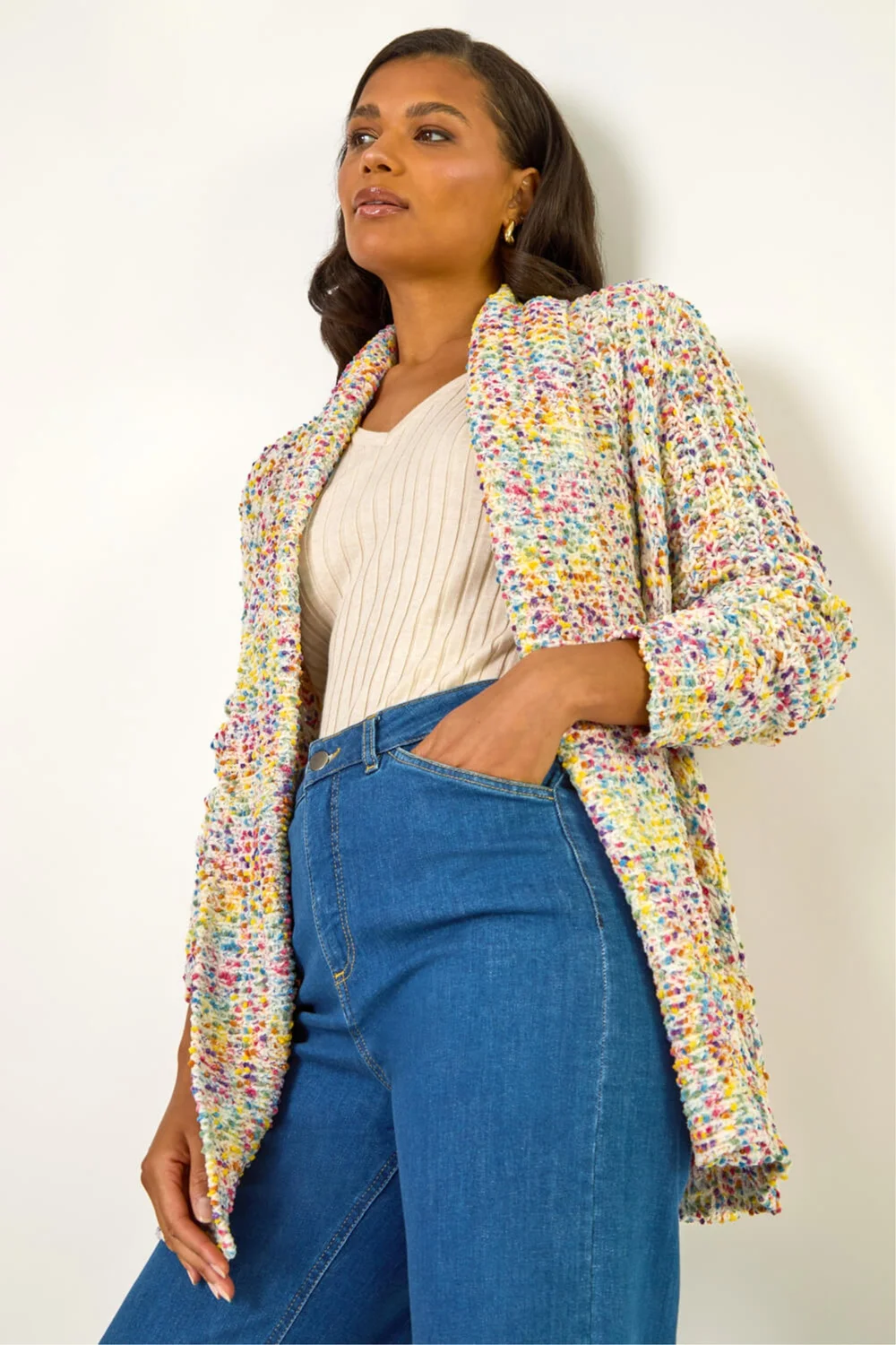 Roman Ivory Soft Knit Nep Longline Cardigan - 16 Image 1