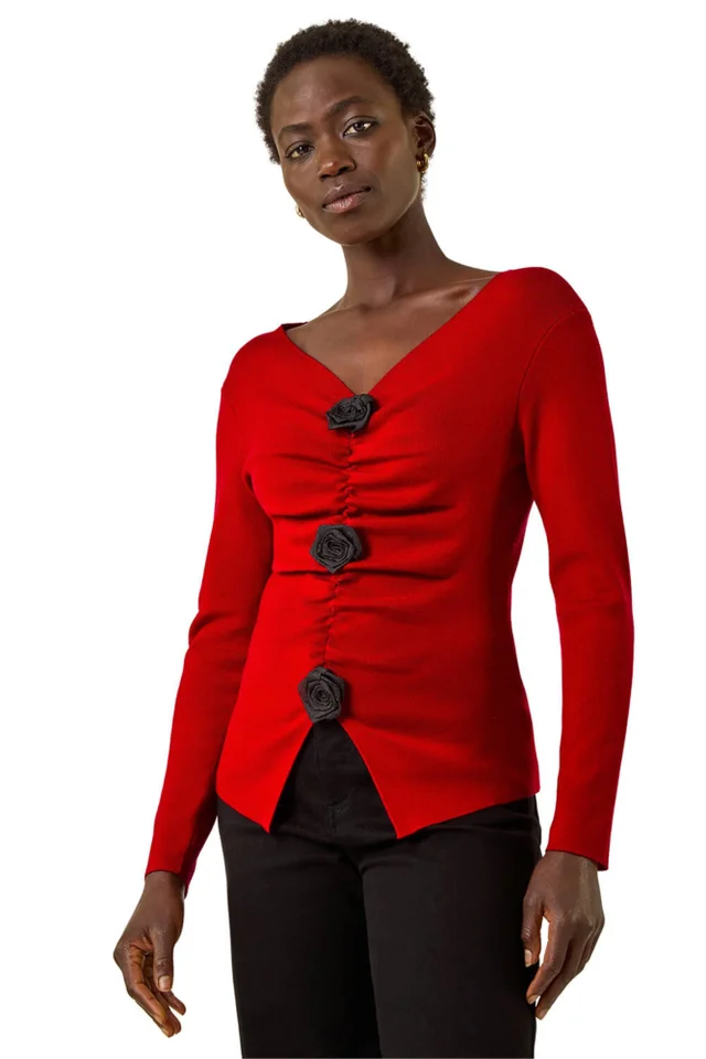 Roman Red Rose Front Knit Top