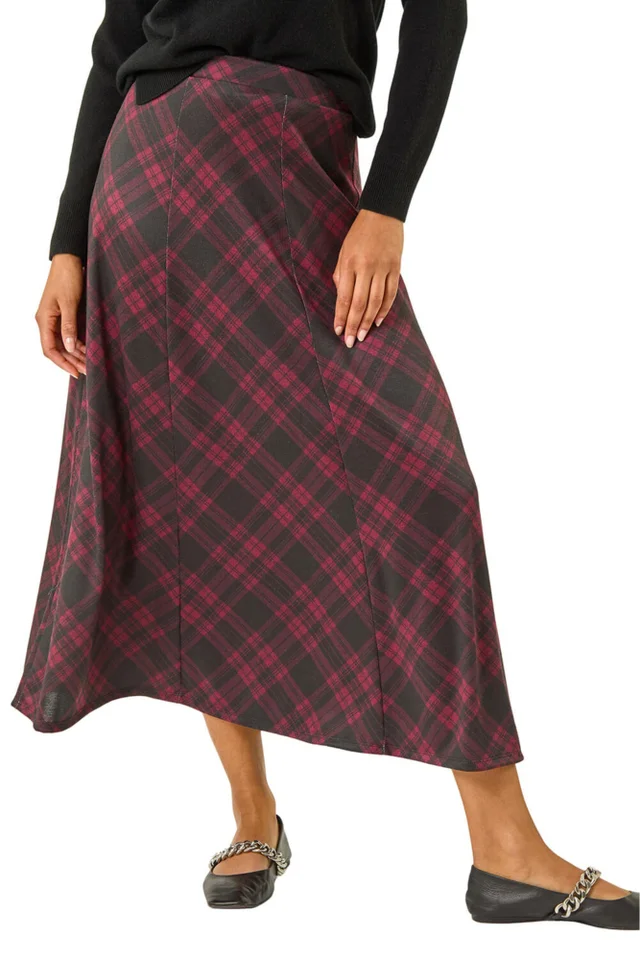 Roman Wine Panelled Check Midi Skirt