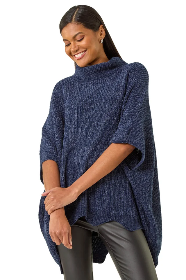 Roman Navy Roll Neck Chenille Knit Poncho