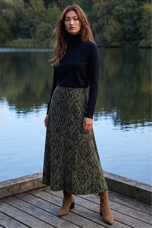 Roman Khaki Abstract Diamond Print Midi Skirt - 20 Image 2