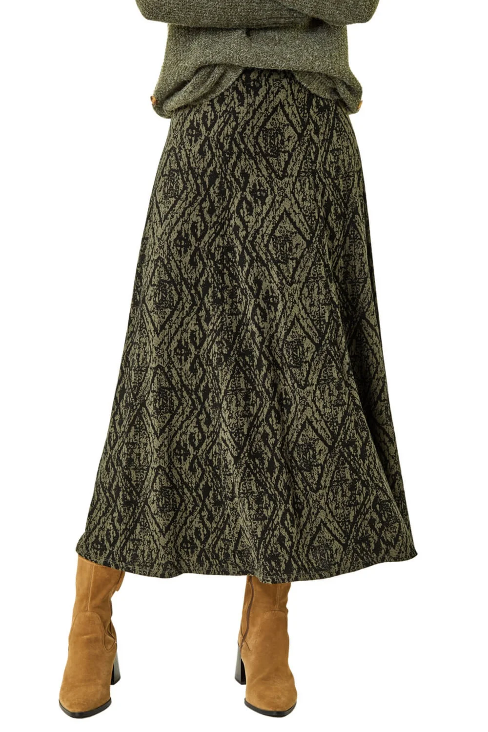 Roman Khaki Abstract Diamond Print Midi Skirt - Size 20 Clothing Image 1