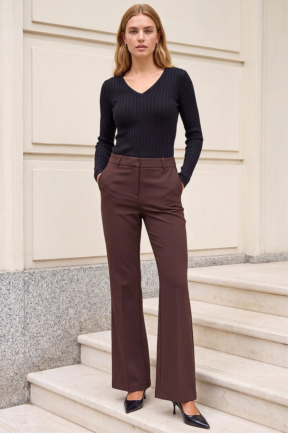 Roman Dark Brown Long Bootcut Stretch Trousers - 12 Image 2