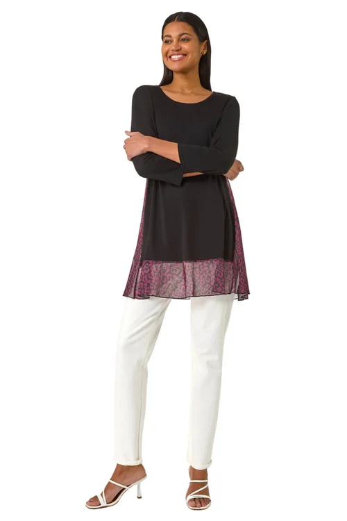 Roman Wine Animal Print Contrast Mesh Hem Stretch Top - Size 12 Image 2