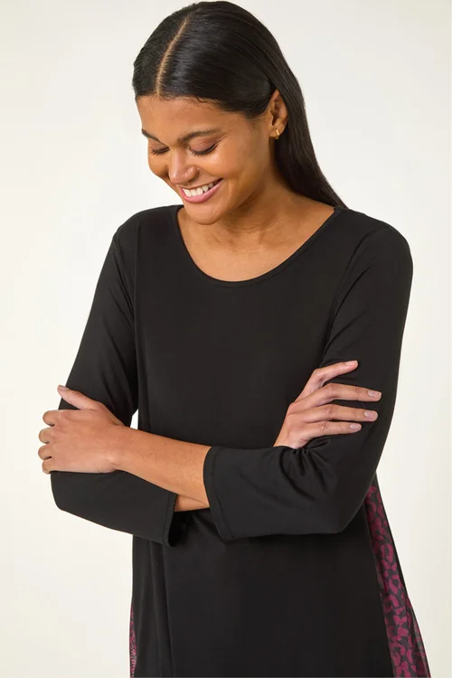 Roman Wine Animal Print Contrast Mesh Hem Stretch Top - Size 12 Image 4