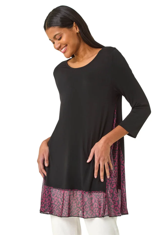 Roman Wine Animal Print Contrast Mesh Hem Stretch Top