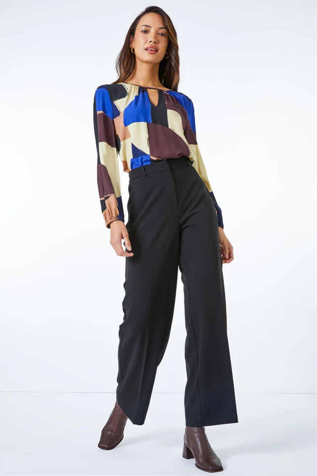 Roman Black Long Wide Leg Stretch Trousers
