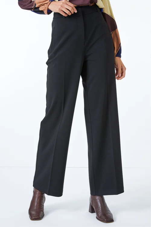 Roman Black Long Wide Leg Stretch Trousers - 10 Image 4