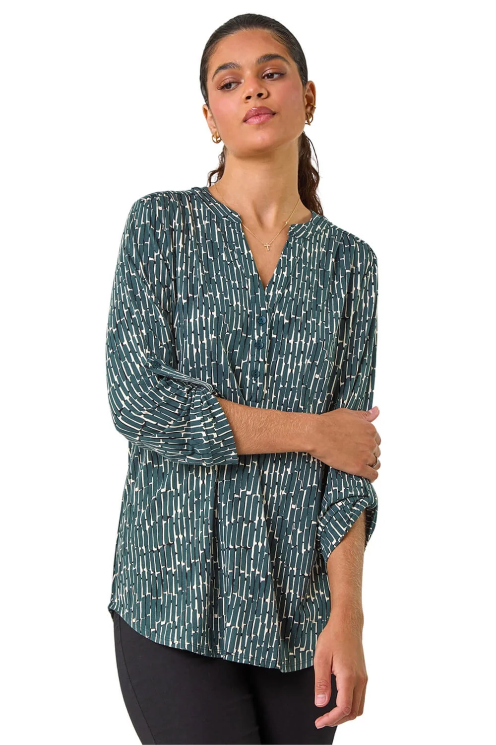 Roman Khaki Textured Abstract Print V-Neck Stretch Shirt - Size 14 Clothing Image 1