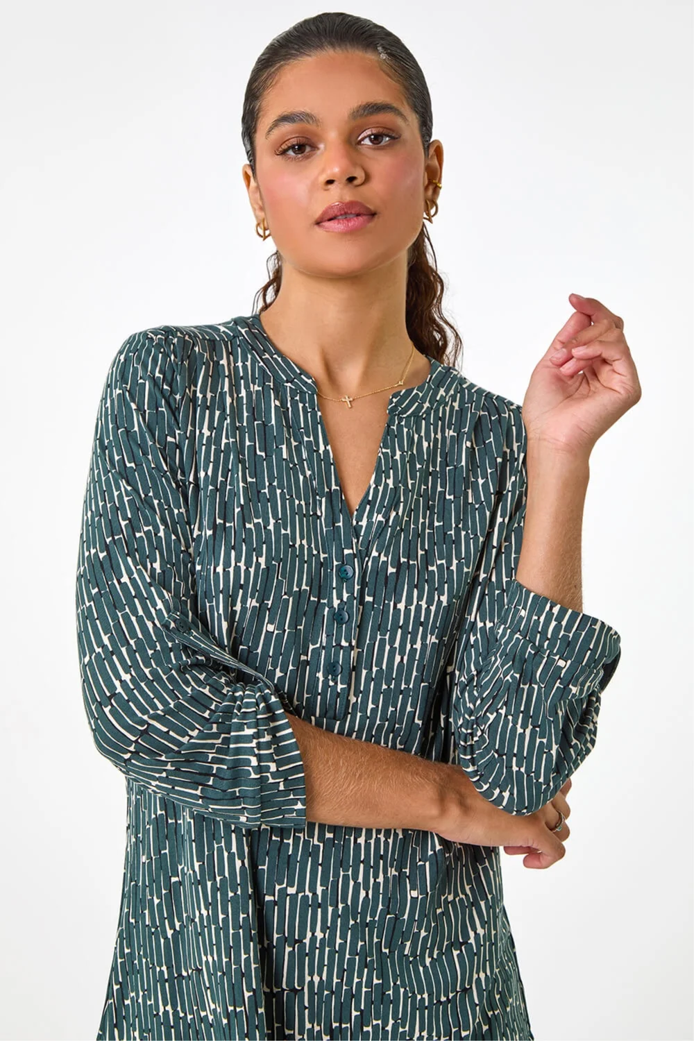 Roman Khaki Textured Abstract Print V-Neck Stretch Shirt - Size 14 Clothing Image 4