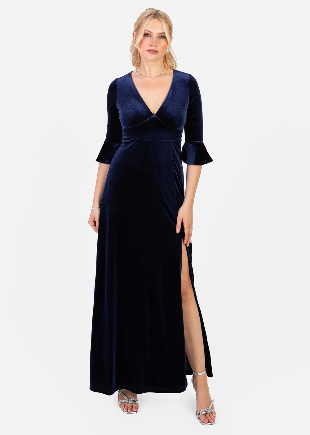 Maya Deluxe Navy V Neck 3/4 Flute Sleeve Velvet Maxi Dress - 28 Image 1