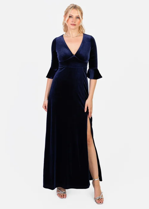 Maya Deluxe Navy V Neck 3/4 Flute Sleeve Velvet Maxi Dress - 28 Image 1