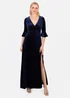 Maya Deluxe Navy V Neck 3/4 Flute Sleeve Velvet Maxi Dress - 28 Image 1