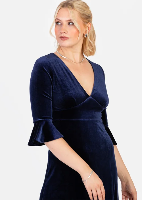Maya Deluxe Navy V Neck 3/4 Flute Sleeve Velvet Maxi Dress - 28 Image 3